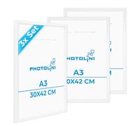 PHOTOLINI Marcos A3 30x42 cm blanco madera MDF, set de 3 marcos para pósteres, cristal acrílico, para colgar, incluye accesorios - para fotos, láminas y pósteres