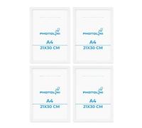 PHOTOLINI Marcos A4 21x30 cm blanco madera MDF, set de 4 marcos para pósteres, cristal acrílico, para colgar y poner de pie, incluye accesorios - para fotos, láminas y pósteres