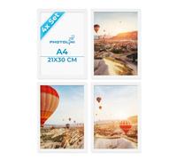 PHOTOLINI Marcos A4 21x30 cm blanco madera MDF, set de 4 marcos para pósteres, cristal acrílico, para colgar y poner de pie, incluye accesorios - para fotos, láminas y pósteres