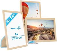 PHOTOLINI Marcos A4 21x30 cm madera MDF natural, set de 3 marcos para pósteres, cristal acrílico, para colgar y poner de pie, incluye accesorios - para fotos, láminas y pósteres