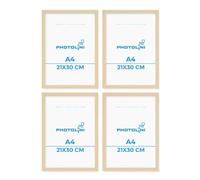 PHOTOLINI Marcos A4 21x30 cm madera MDF natural, set de 4 marcos para pósteres, cristal acrílico, para colgar y poner de pie, incluye accesorios - para fotos, láminas y pósteres