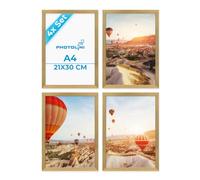 PHOTOLINI Marcos A4 21x30 cm oro madera MDF, set de 4 marcos para pósteres, cristal acrílico, para colgar y poner de pie, incluye accesorios - para fotos, láminas y pósteres