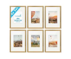 PHOTOLINI Marcos A4 21x30 cm oro madera MDF, set de 6 marcos para pósteres con paspartú 13x18 cm, cristal acrílico, para colgar y poner de pie, incluye accesorios - para fotos, láminas y pósteres