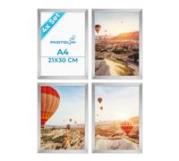 PHOTOLINI Marcos A4 21x30 cm plata madera MDF, set de 4 marcos para pósteres, cristal acrílico, para colgar y poner de pie, incluye accesorios - para fotos, láminas y pósteres