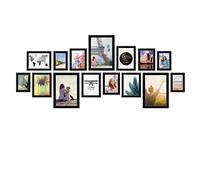 PHOTOLINI Set de 15 marcos negros madera MDF, marcos anchos, moderno, cristal acrílico sólido, para colgar y poner de pie, accesorios adicionales - para una decoración elegante de su pared