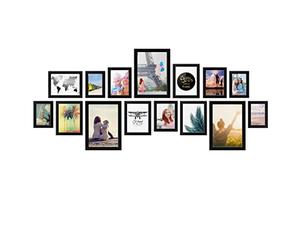 PHOTOLINI Set de 15 marcos negros madera MDF, marcos anchos, moderno, cristal acrílico sólido, para colgar y poner de pie, accesorios adicionales - para una decoración elegante de su pared