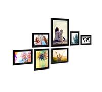 PHOTOLINI Set de 7 marcos negros madera MDF, marcos anchos, moderno, cristal acrílico sólido, para colgar y poner de pie, accesorios adicionales - para una decoración elegante de su pared