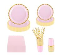 PHUNAT Juego de vajilla rosa para 25 invitados - 125 platos de papel de aluminio dorado con forma de flor, tazas, servilletas y pajitas - Suministros de fiesta rosa para cumpleaños, picnic, boda, baby