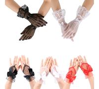Piacolnic 5 Pares de Guantes Cortos de Encaje para Mujer, Guantes de Medio Dedo en Tul con Lazo y Strass, Guantes de Encaje para Boda, Cena, Halloween, Fiesta de Disfraces y Fiesta de Té