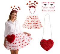 PIAKAZIQA Amor Kostüm Damen Set, 4er Amore Kostüme für Erwachsene Frauen, Weiß Tüllrock, Herz Haarreif, Gesichtsstattoo, Amor Kostüme Accessoires für Damen Valentinstag Karneval Party Cosplay