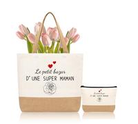 PIAKAZIQA Cadeau Fête des Mères Jute Tote Bag Sac en Toile Personnalisé Sac à Main avec une Trousse de Toilette, Le Petit Bazar d'une Super Maman, Cadeau Maman pour Anniversaire, Fete des Meres, Noël