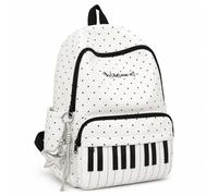 Piano Backpack for Women, Polka Dot Backpack with Keyboard Design, Cute Y2K Music Daypack for Travel, Work and Daily Use (White-A,with Star)