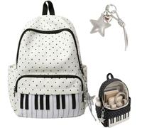 Piano Backpack for Women,Polka Dot Nylon Music Daypack with Pendant,Large Capacity Novelty School Backpack for Campus,Work ，White