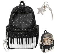 Piano Backpack for Women,Polka Dot Nylon Music Daypack with Pendant,Large Capacity Novelty School Backpack for Campus,Work ，Black