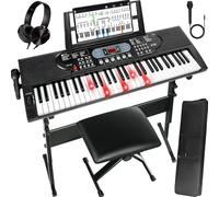 Piano de teclado de 61 teclas, piano eléctrico, teclado portátil para niños, piano portátil para principiantes con soporte de banco de piano, calcomanías para micrófono, teclado iluminado, pantalla