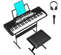 Piano de teclado electrónico de 61 teclas para principiantes, juego completo de piano digital para el hogar con micrófono, auriculares, soporte en X ajustable, taburete, soporte para partituras y