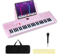 Piano de teclado portátil de 61 teclas para principiantes con micrófono, funda de transporte, adaptador de corriente y calcomanías de Keynote - Piano eléctrico portátil con 100 ritmos, 100 timbres y