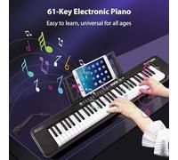 Piano Eléctrico de 61 Teclas Con de Doble Altavoz, 200 Tonos y Ritmos, Portátil y Ligero, para Amantes de la Música, Fácil de Aprender Con Teclado Iluminado (BLACK)