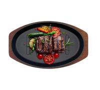 Piastra in Ghisa, piattis Da Bistecca, piattos Da Portata Ovale in Ghisa Da 25 cm Per Barbecue Con Base in Legno, Piastra Reversibile, Adatta A Tutti Piani Cottura, Induzione E Forno