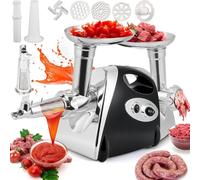 Picadora de carne eléctrica de 800 W, embutidora de salchichas, colador de tomates multifuncional para uso doméstico con 3 placas de corte, tubo embutidor y kit.