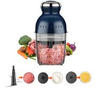 Picadora eléctrica, 3 en 1 Mini picadora de carne para verduras, frutas y carnes, 1000 ml, 250 W, 4 cuchillas, Multi licuadora, picadora, molinillo de barro, batidora de huevos, 5 accesorios (azul)