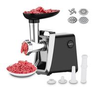 Picadora eléctrica de carne 750 W, picadora eléctrica, 3 en 1 picadora de carne de acero inoxidable, relleno de salchichas, picadora de carne para verduras y salchichas (negro+plata)