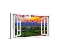 PICANOVA - Cuadro sobre Lienzo 100x50cm Atardecer Campos y Montañas Ventana - Imagen Impresión Montado sobre Marco De Madera - Cuadro Decoración Moderno Para Salón o Dormitorio