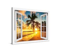 PICANOVA - Cuadro sobre Lienzo 100x75cm Atardecer en la Playa del Océano Ventana - Imagen Impresión Montado sobre Marco De Madera - Cuadro Decoración Moderno Para Salón o Dormitorio