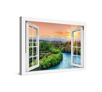 PICANOVA - Cuadro sobre Lienzo 120x80cm Atardecer en un Rio Ventana - Imagen Impresión Montado sobre Marco De Madera - Cuadro Decoración Moderno Para Salón o Dormitorio