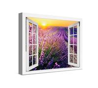 PICANOVA - Cuadro sobre Lienzo 40x30cm Atardecer de Campo de Lavanda Ventana - Imagen Impresión Montado sobre Marco De Madera - Cuadro Decoración Moderno Para Salón o Dormitorio