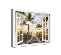 PICANOVA - Cuadro sobre Lienzo Palm Path to The Sea Window 40x30cm - Impresión En Lienzo Montado sobre Marco De Madera (2cm) - Disponible En Varios Tamaños - Colección Playas