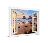 PICANOVA - Cuadro Sobre Lienzo Sea Beach with Rocks Window 100x75cm - Impresión En Lienzo Montado Sobre Marco De Madera (2cm) - Disponible En Varios Tamaños - Colección Playas