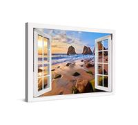 PICANOVA - Cuadro Sobre Lienzo Sea Beach with Rocks Window 60x40cm - Impresión En Lienzo Montado Sobre Marco De Madera (2cm) - Disponible En Varios Tamaños - Colección Playas