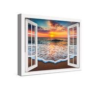 PICANOVA - Cuadro Sobre Lienzo Sea Sunset Window 40x30cm - Impresión En Lienzo Montado Sobre Marco De Madera (2cm) - Disponible En Varios Tamaños - Colección Playas