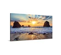 PICANOVA - Cuadro Sobre Lienzo Sunset Over Rocky Beach 100x50cm - Impresión En Lienzo Montado Sobre Marco De Madera (2cm) - Disponible En Varios Tamaños - Colección Playas