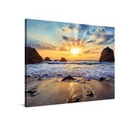 PICANOVA - Cuadro Sobre Lienzo Sunset Over Rocky Beach 100x75cm - Impresión En Lienzo Montado Sobre Marco De Madera (2cm) - Disponible En Varios Tamaños - Colección Playas