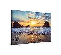 PICANOVA - Cuadro Sobre Lienzo Sunset Over Rocky Beach 120x80cm - Impresión En Lienzo Montado Sobre Marco De Madera (2cm) - Disponible En Varios Tamaños - Colección Playas