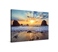 PICANOVA - Cuadro Sobre Lienzo Sunset Over Rocky Beach 60x40cm - Impresión En Lienzo Montado Sobre Marco De Madera (2cm) - Disponible En Varios Tamaños - Colección Playas