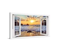 PICANOVA - Cuadro Sobre Lienzo Sunset Over Rocky Beach Window 100x50cm - Impresión En Lienzo Montado Sobre Marco De Madera (2cm) - Disponible En Varios Tamaños - Colección Playas