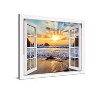 PICANOVA - Cuadro Sobre Lienzo Sunset Over Rocky Beach Window 100x75cm - Impresión En Lienzo Montado Sobre Marco De Madera (2cm) - Disponible En Varios Tamaños - Colección Playas