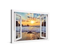 PICANOVA - Cuadro Sobre Lienzo Sunset Over Rocky Beach Window 120x80cm - Impresión En Lienzo Montado Sobre Marco De Madera (2cm) - Disponible En Varios Tamaños - Colección Playas