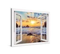 PICANOVA - Cuadro Sobre Lienzo Sunset Over Rocky Beach Window 80x60cm - Impresión En Lienzo Montado Sobre Marco De Madera (2cm) - Disponible En Varios Tamaños - Colección Playas