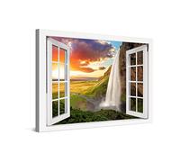 PICANOVA - Islandia Seljalandsfoss Cascada Ventata 120x80cm - Cuadro sobre Lienzo - Impresión En Lienzo Montado sobre Marco De Madera (2cm) - Foto Artística - Colección Cascadas