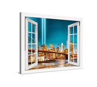 PICANOVA - New York Manhattan Brooklyn Bridge Night Window 80x60cm - Cuadro sobre Lienzo - Impresión En Lienzo Montado sobre Marco De Madera (2cm) - Disponible En Varios Tamaños - Colección New York