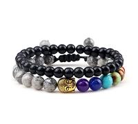 Picasso 1 - Juego de 2 pulseras de piedra natural para hombre, clásicas, tibetanas, ajustables, para yoga, pulseras y brazaletes