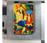 Picasso Figura Pintura Chica de moda con gato Cuadro en lienzo Arte de pared moderno para decoración de sala de estar Impresiones con marco dorado 95x155 cm / 37x61 in con marco dorado