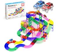 PicassoTiles Juego de 100 piezas de pista de carreras magnéticas con 2 coches LED, altitud ajustable, señales educativas STEM, kit de construcción divertido para niños