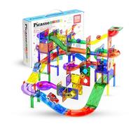PicassoTiles Juego de 108 piezas de pista de carreras de mármol magnético con azulejos de construcción, coche de pista de carreras, toboganes, juguete educativo STEM 3-en-1, kit de construcción para
