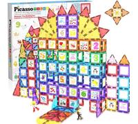 PicassoTiles Juego de construcción de Bloques de construcción magnéticos Master Builder de 121piezas, Bloques de Azulejos magnéticos con camión,2figuras de acción de Personajes,28 números y Animales