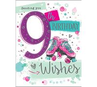 Piccadilly Greetings Group Ltd Tarjeta de felicitación de 9 cumpleaños para niña de 9 años, patines de ruedas, 7.3 x 5.6 x 0.12 pulgadas; 20 gramos, rosa